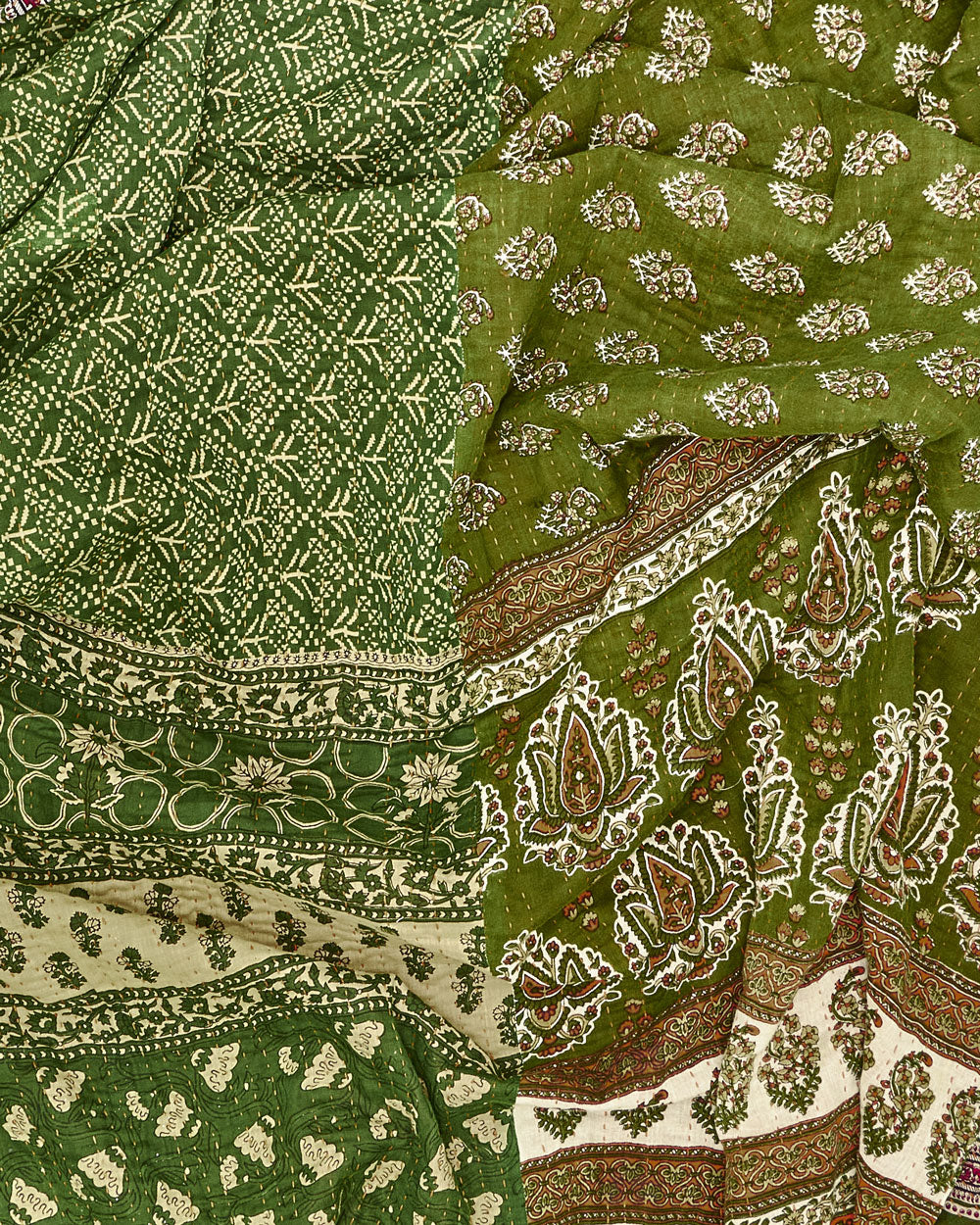 fabric detail of green kantha quilt in olive green paisley print with rows of hand-stitching made in India