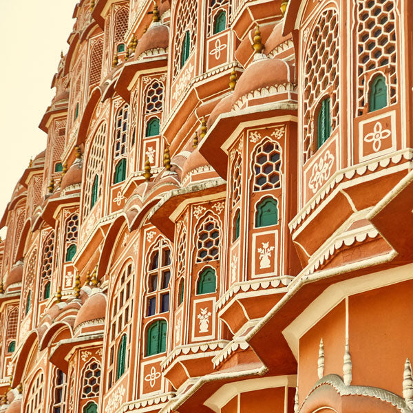 detailed close up of Jaipur palace with terracotta pink stone and emerald green and white accents