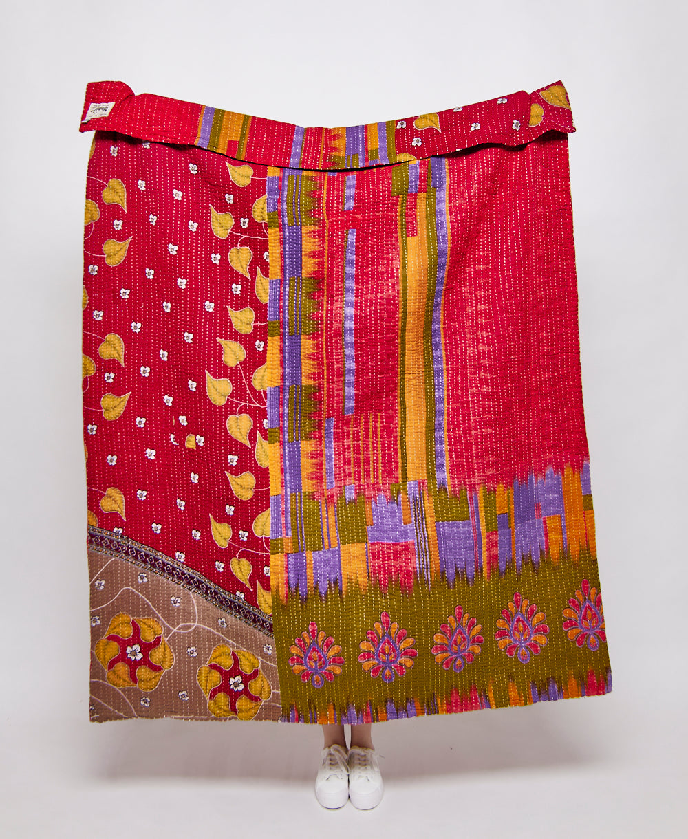 yellow leaf print kantha quilt throw 