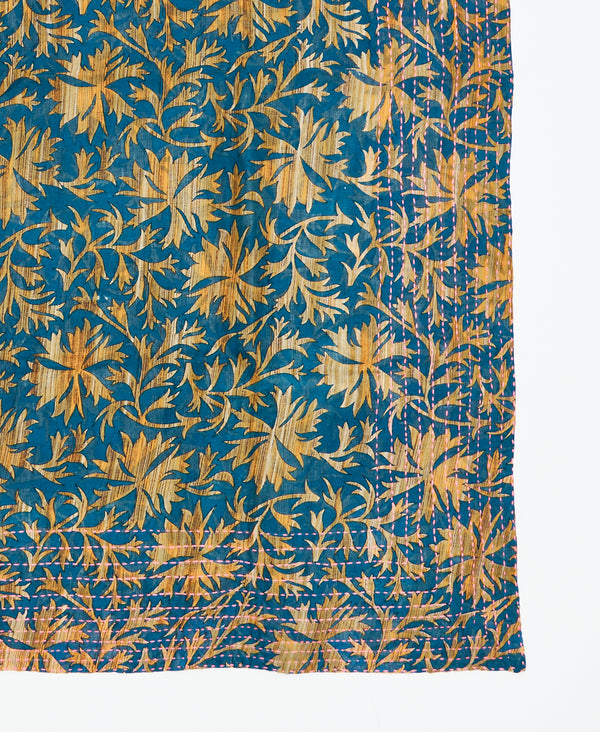 fair trade blue square scarf with gold flowers handmade by women artisans using 2 layers of sustainable sourced vintage cotton saris