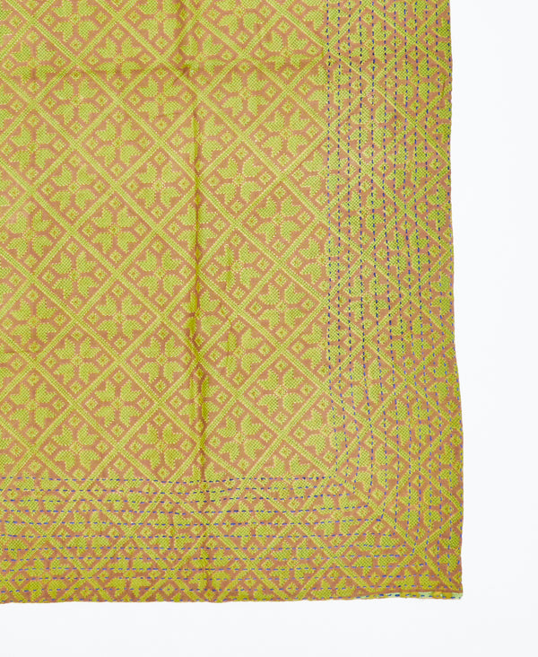 fair trade green and beige geometric square scarf handmade by women artisans using 2 layers of upcycled vintage cotton saris