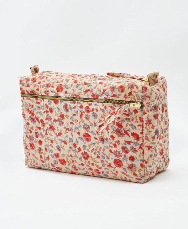One-of-a-kind red and blue floral vintage kantha toiletry bag made
using recycled cotton saris