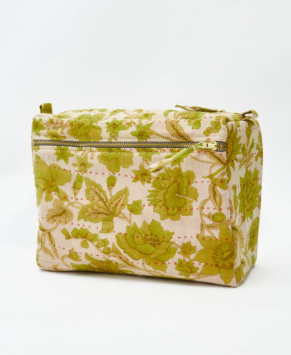 One-of-a-kind green and cream floral vintage kantha toiletry bag made
using recycled cotton saris