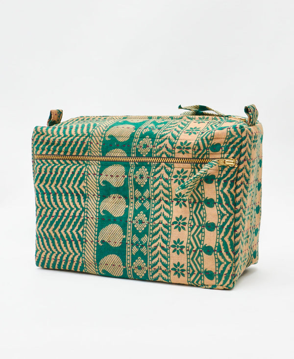 One-of-a-kind green traditional vintage kantha toiletry bag made
using recycled cotton saris