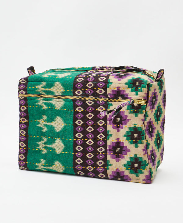 One-of-a-kind teal geometric vintage kantha toiletry bag made
using recycled cotton saris