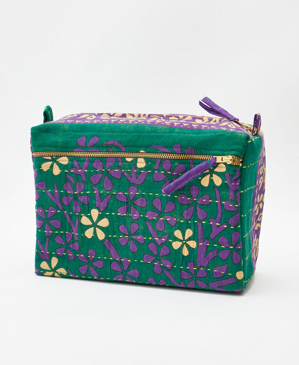 One-of-a-kind teal florl vintage kantha toiletry bag made
using recycled cotton saris