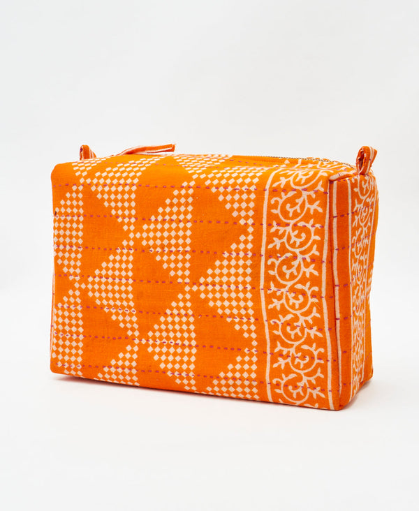 Eco-friendly handmade orange geometric vintage kantha toiletry bag