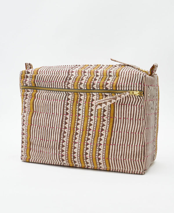 One-of-a-kind brown striped kantha toiletry bag made
using recycled cotton saris