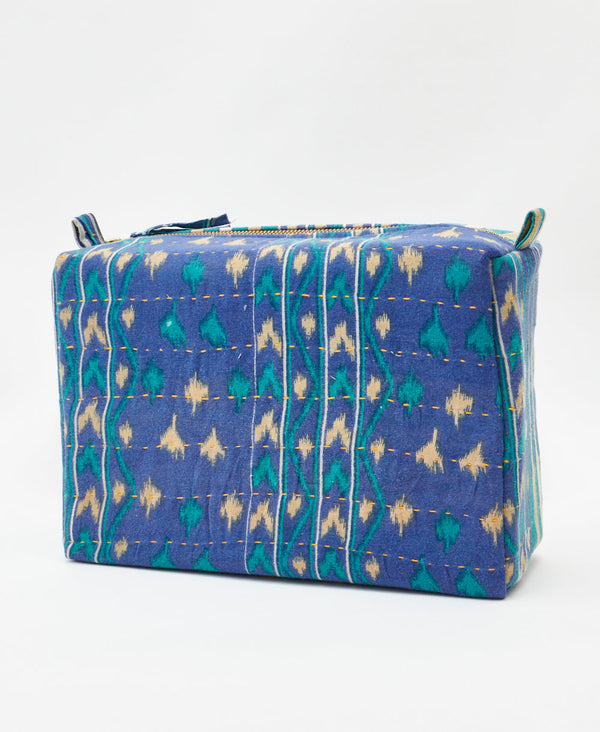 Eco-friendly handmade blue geometric striped floral vintage kantha toiletry bag