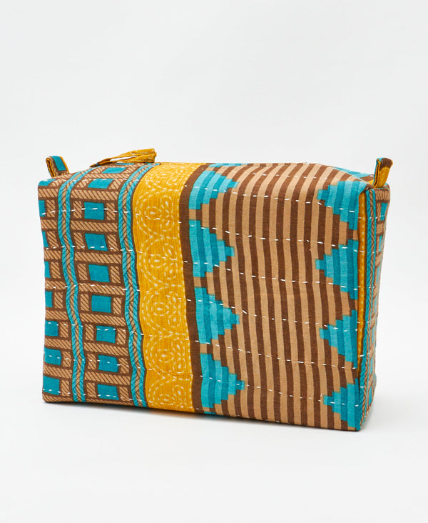 Eco-friendly handmade blue and brown striped floral vintage kantha toiletry bag