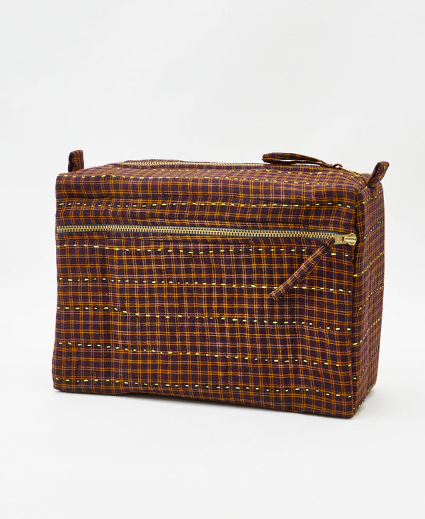 One-of-a-kind brown plaid kantha toiletry bag made
using recycled cotton saris