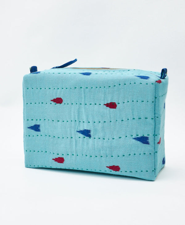 Eco-friendly handmade bright blue geometric vintage kantha toiletry bag