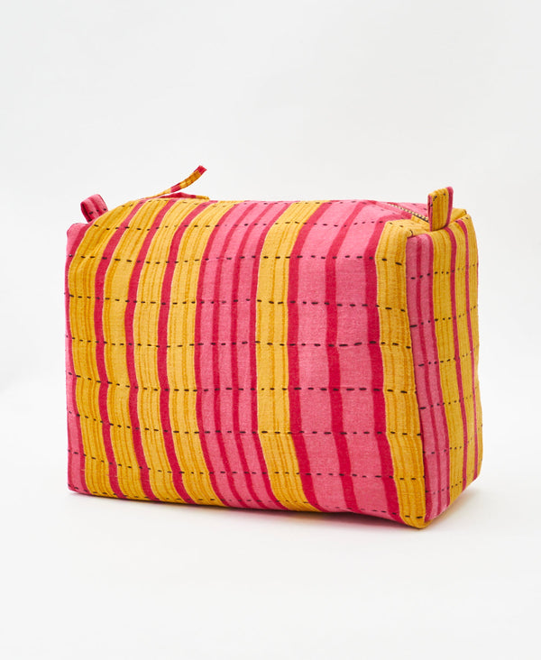 Eco-friendly handmade pink and yellow striped vintage kantha toiletry bag