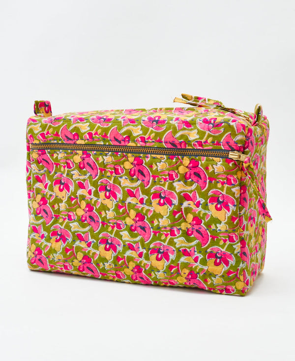 One-of-a-kind pink and green floral kantha toiletry bag made
using recycled cotton saris