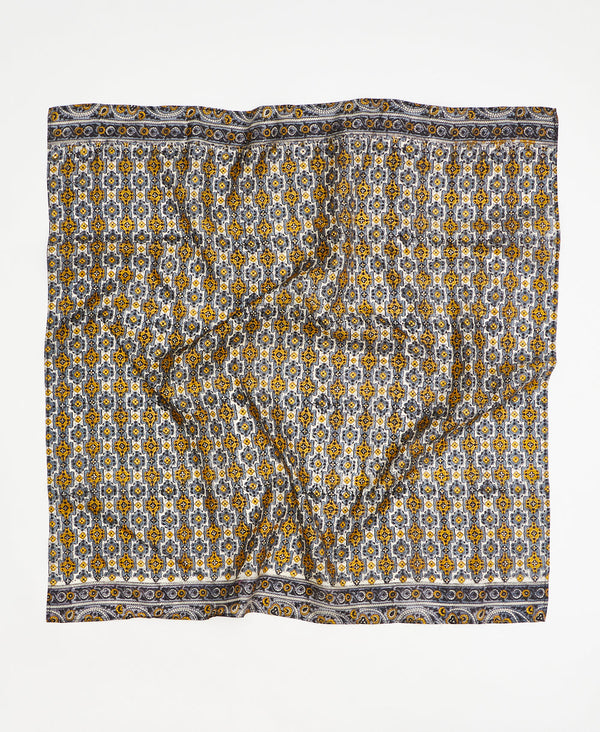 Mustard and black geometric vintage silk square scarf handmade by women artisans using upcycled saris