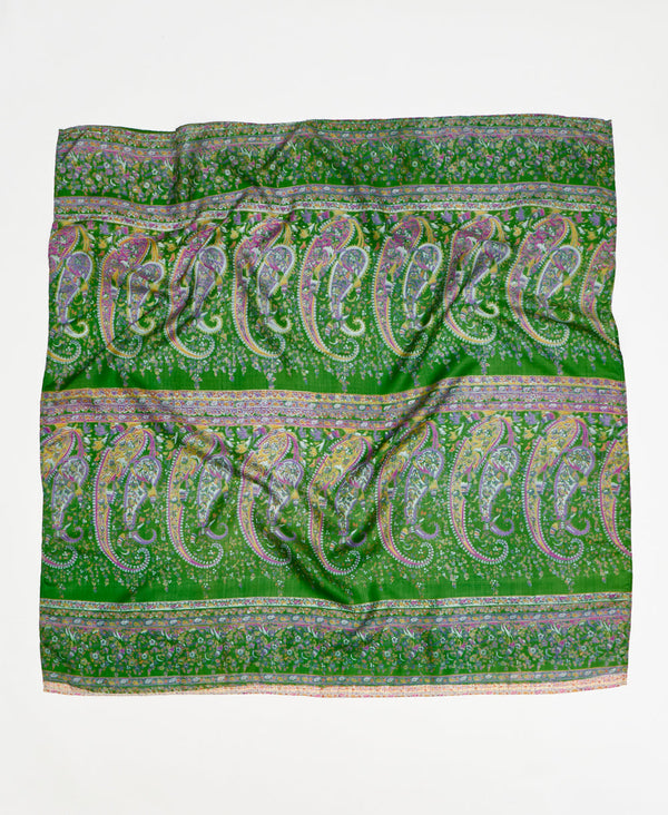 green and purple paisley vintage silk square scarf handmade by women artisans using upcycled saris