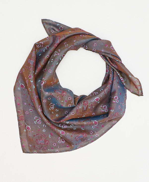 vintage silk square scarf featuring a pink floral pattern created using sustainably sourced saris