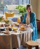 sunny breakfast tablescape with Anchal's block print tablecloth in cobalt and mustard