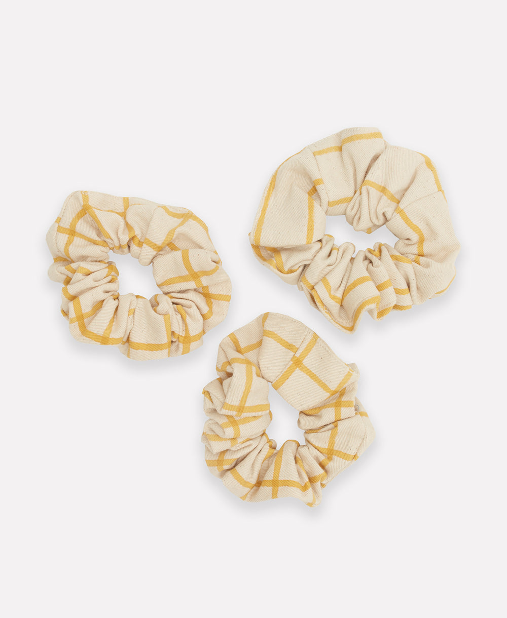 organic cotton mustard grid block print scrunchies