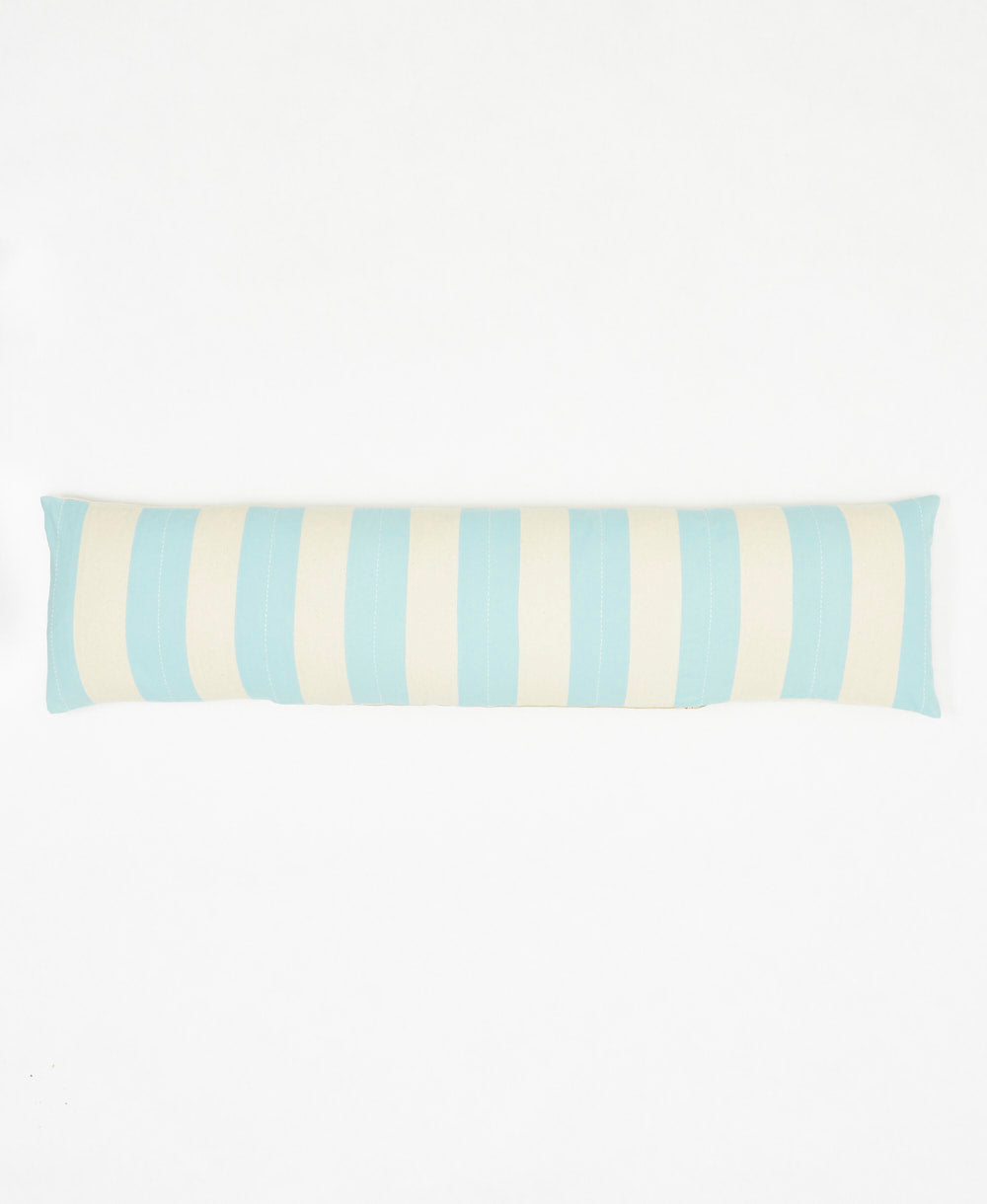 cloud blue cabana stripe long lumbar pillow with hand-stitched embroidery