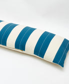 cobalt blue striped long lumbar pillow with gold YKK zipper & removable down feather insert