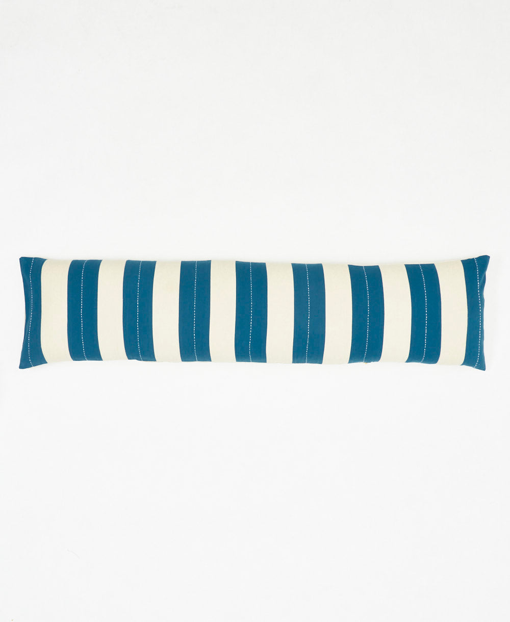 cobalt blue and white vertically striped long lumbar pillow handmade in India by women artisans