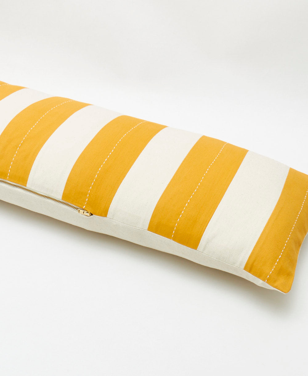 yellow striped extra long lumbar pillow with gold YKK zipper and removable down feather insert