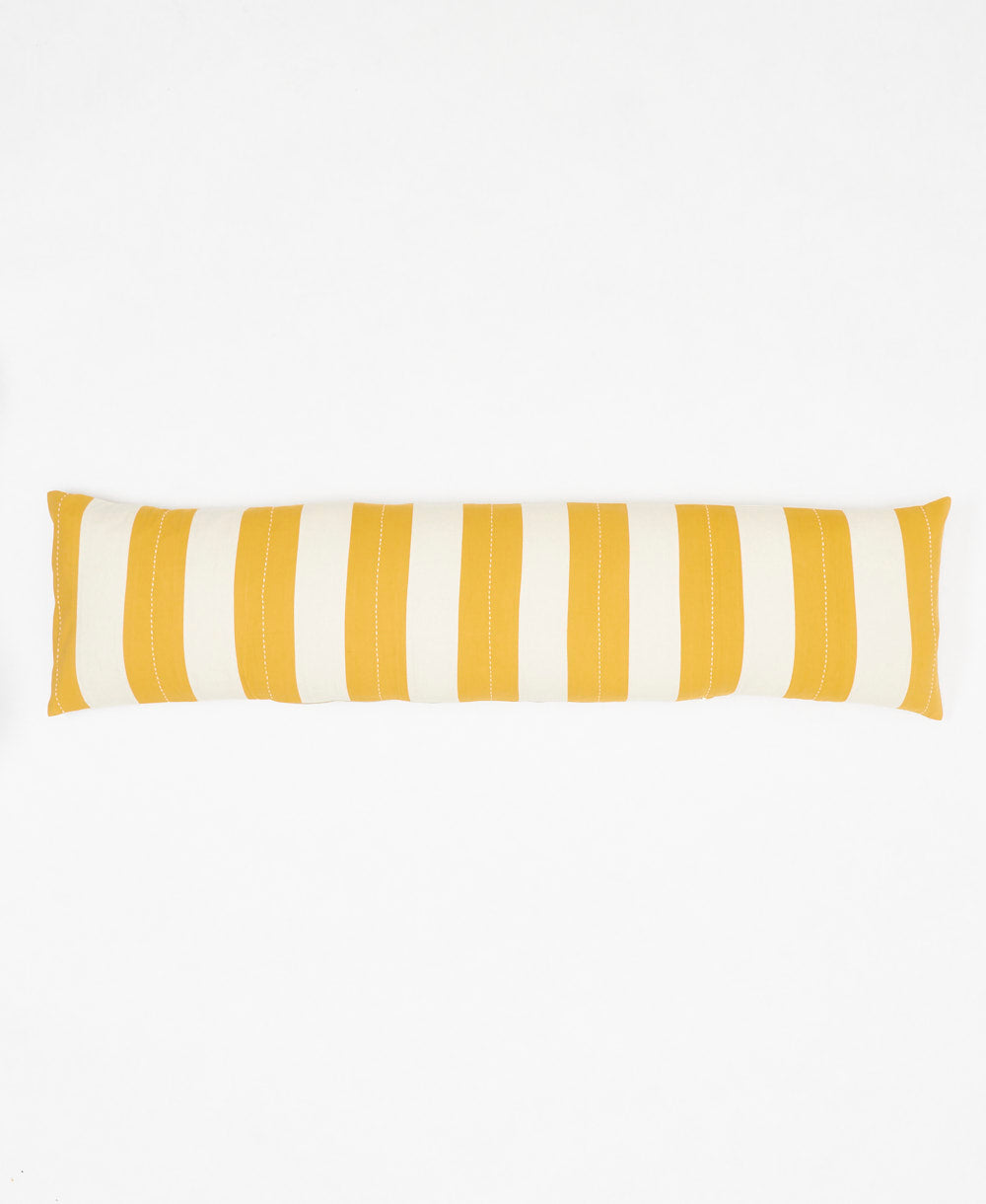 mustard yellow and white vertically striped long lumbar pillow with hand-embroidery