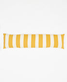 mustard yellow and white vertically striped long lumbar pillow with hand-embroidery