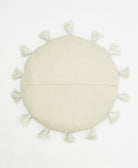 back of cabana stripe round pillow in cloud blue with white tassels and back zipper closure