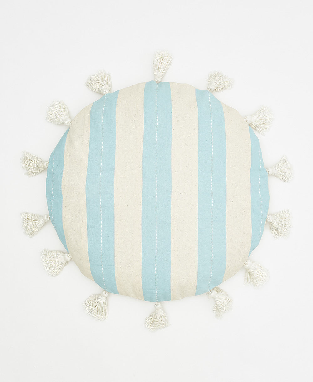 light blue cabana stripe circle pillow with white tassels handmade from 100% organic cotton in India