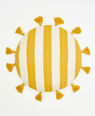 mustard yellow striped round pillow with yellow tassels handcrafted in India by women artisans