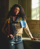 colorful long organic cotton scarf with hand-stitched embroidery handmade in India