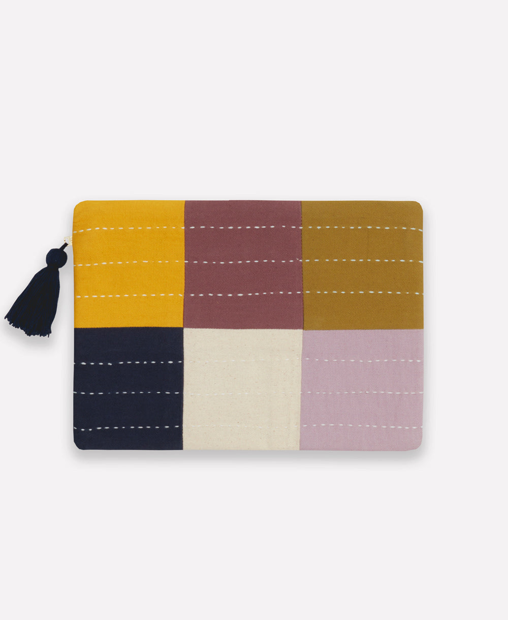 back of checkered pouch in lilac and navy blue