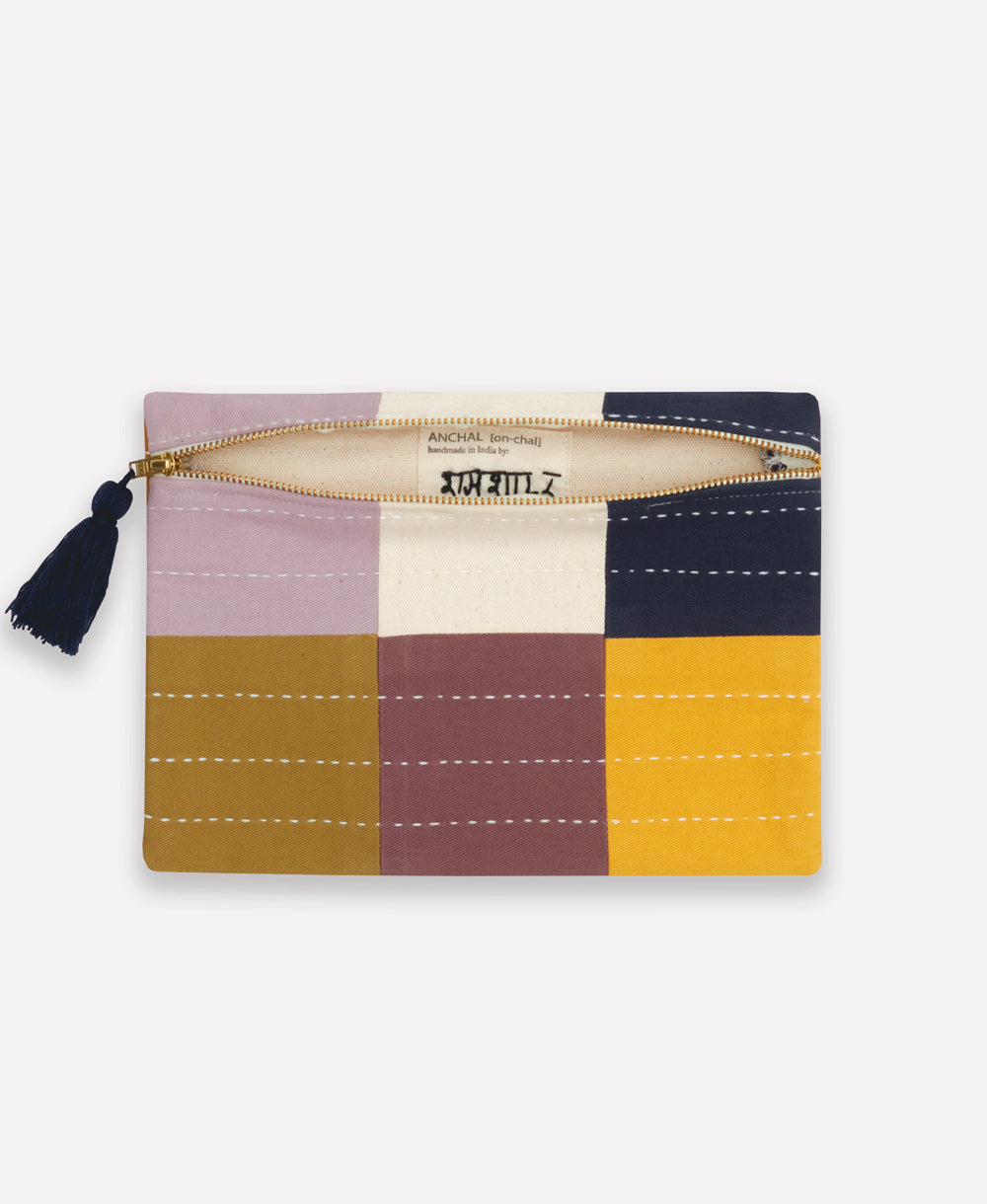 canvas-lined checkered pouch in lilac and navy blue