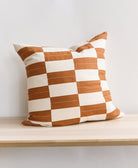 camel brown and natural white checkered throw pillow 22" x 22"