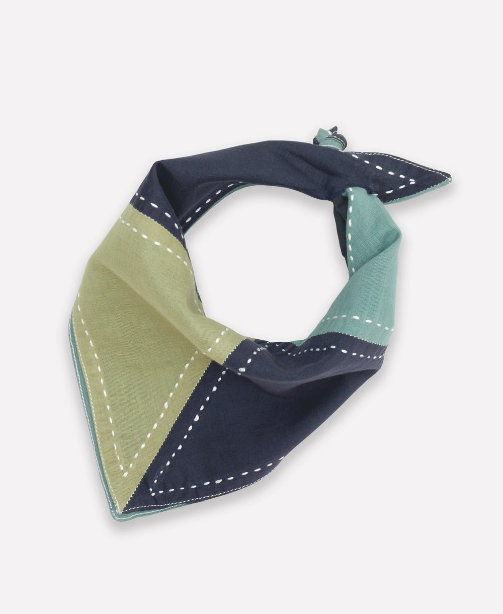 sustainable baby bib in a bandana style in cool greens and blues for a gender neutral baby shower gift