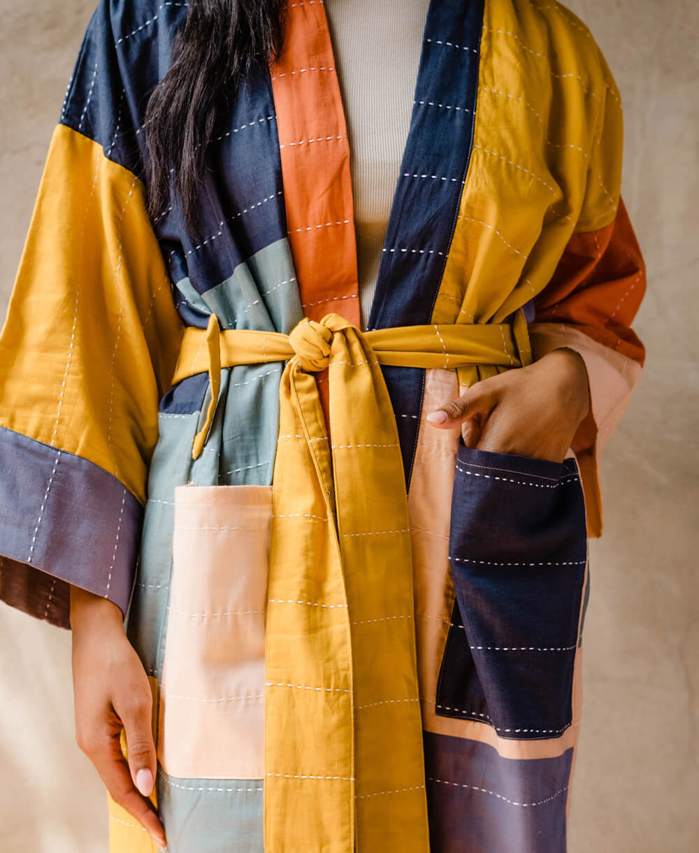 colorful handmade cotton robe made from lightweight 100% organic cotton with two pockets