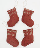 fabric stocking christmas tree ornaments with gold stitching and gold beads made in India by women artisans