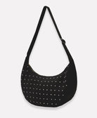 modern crescent bag in black with white embroidery and adjustable strap handmade by artisans in India