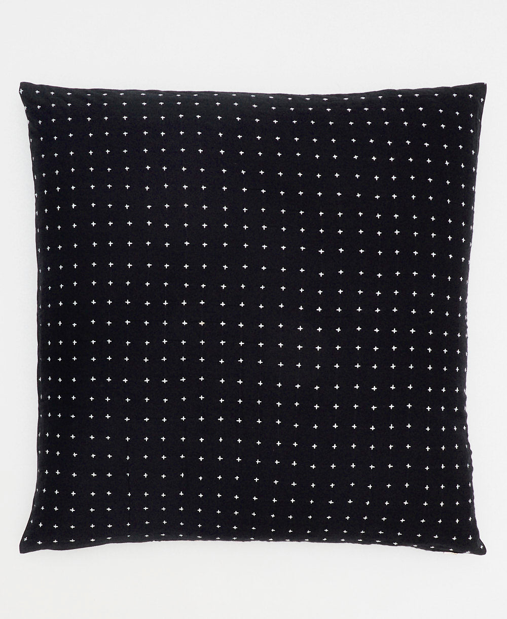 black euro sham with tiny white cross-stitch pattern handmade in India from 100% organic cotton