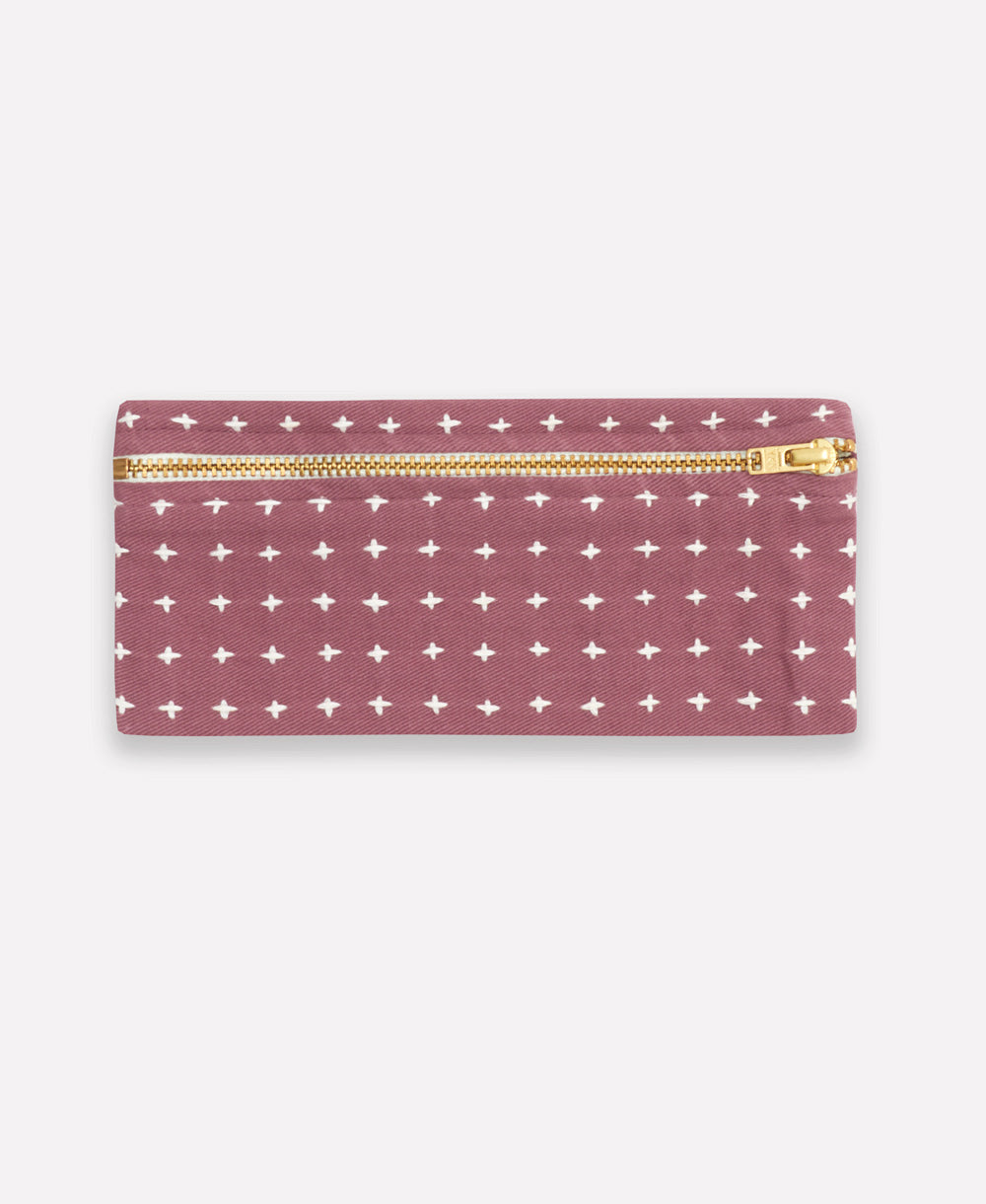 plum purple pencil case pouch with gold zipper and white cross-stitch embroidery