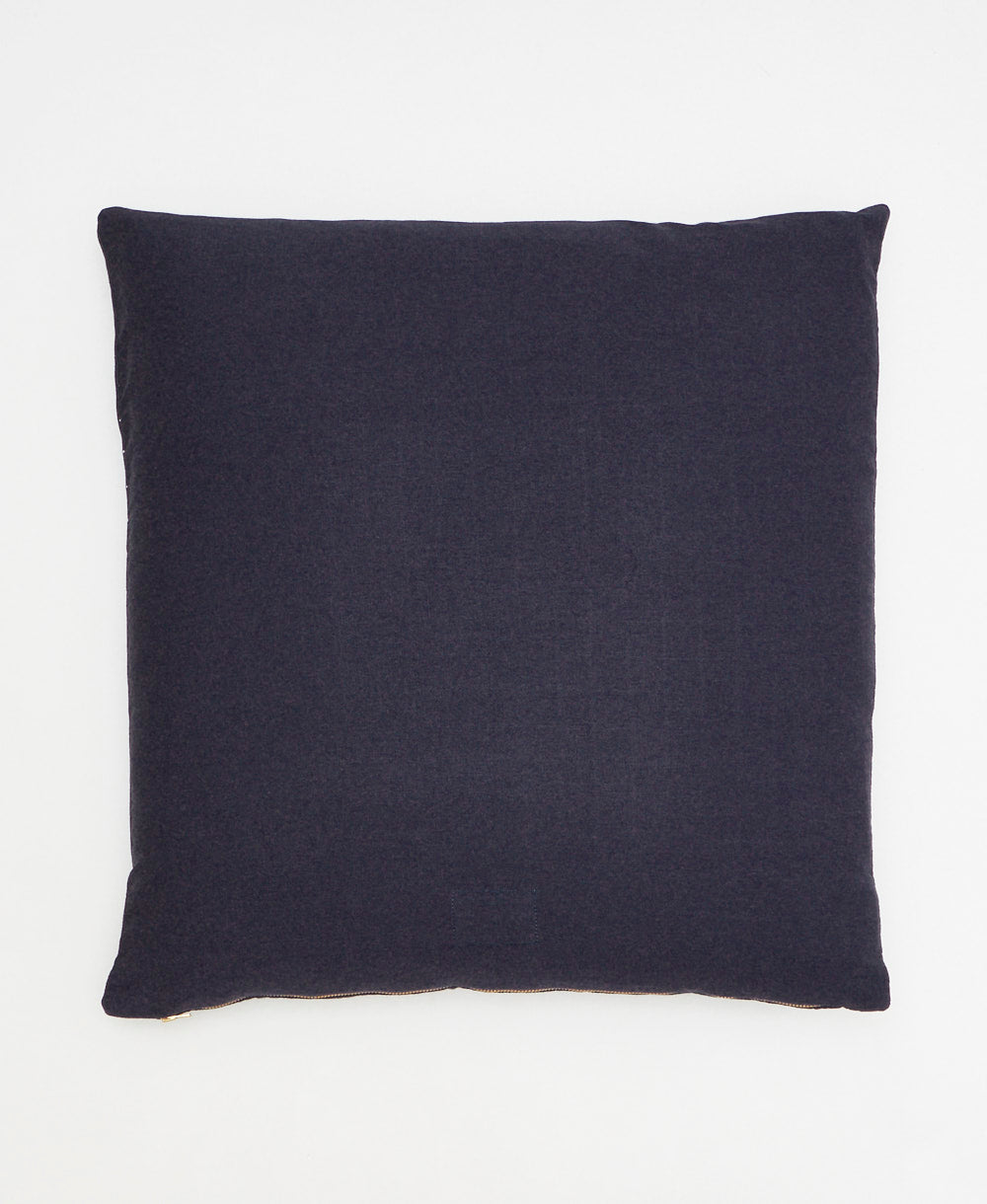 solid navy blue back of cross-stitch throw pillow handmade from 100% organic cotton