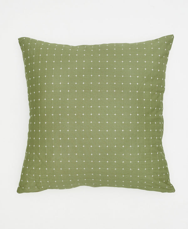hand-embroidered cross-stitch organic cotton modern throw pillow in sage green
