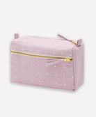 lilac purple small toiletry bag with white cross-stitch embroidery pattern with gold tone zipper closure