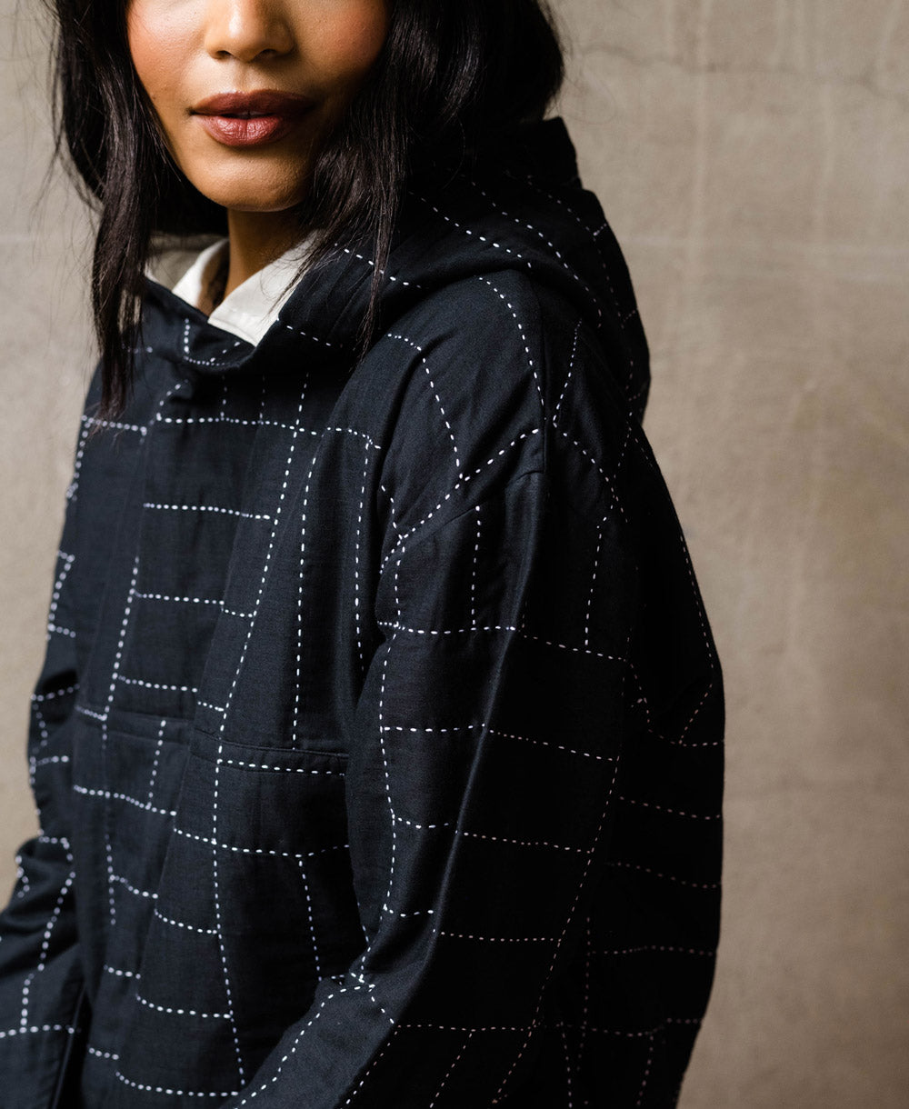 organic cotton black oversized hoodie with modern kantha embroidery in grid design by Anchal