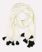 oversized scarf in white with black embroidery and black tassels made from organic cotton