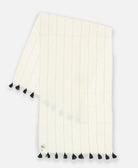 long cotton scarf handmade in India from 100% organic cotton in natural white with black stripe embroidery and tassels