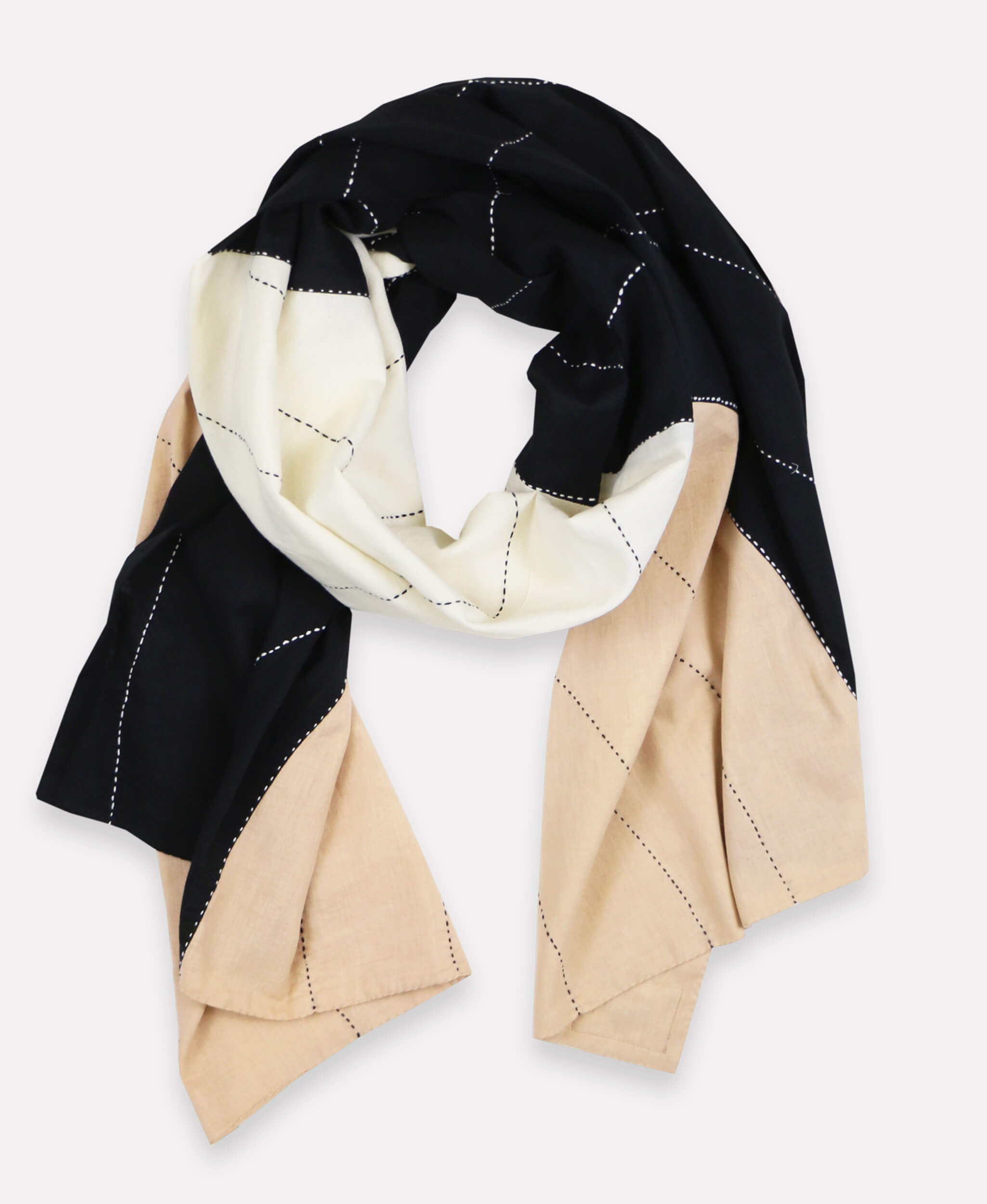 eclipse long scarf made from 100% organic cotton in neutral tones with hand-stitched embroidery