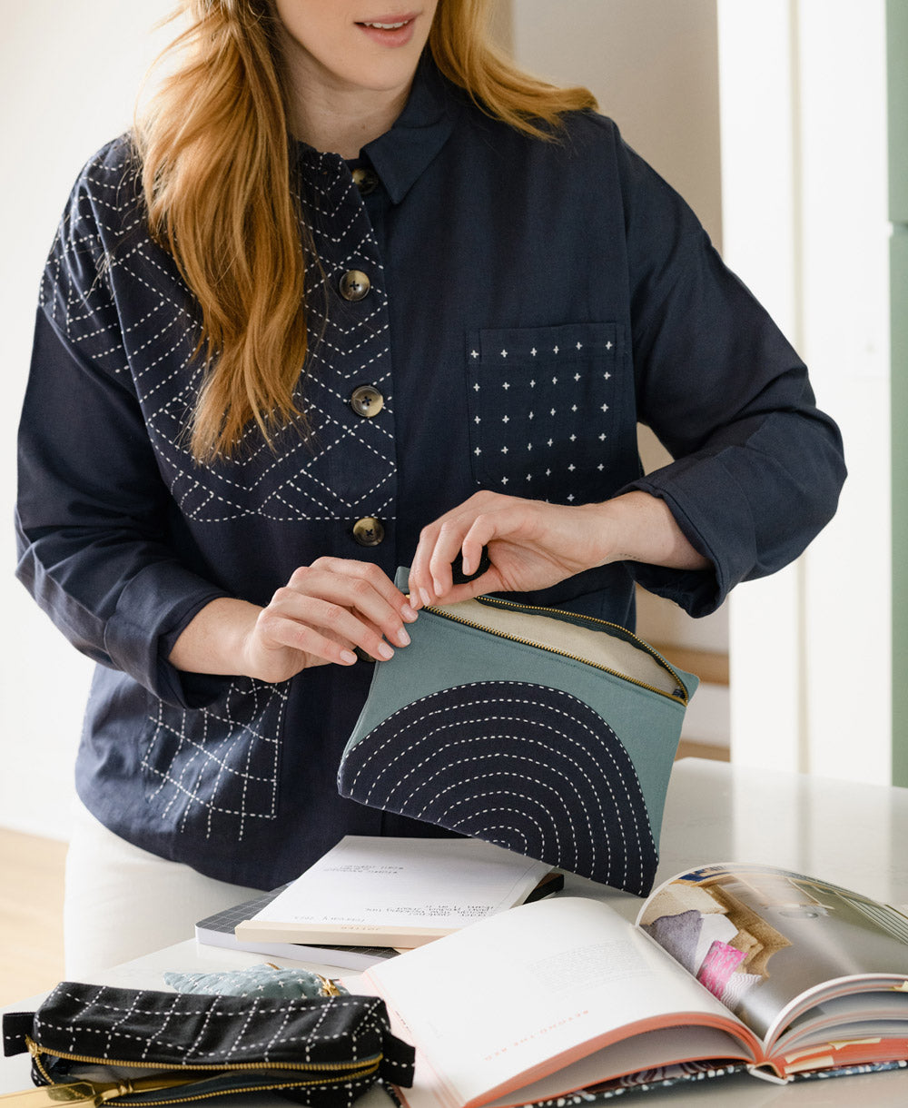 green and navy blue zippered cotton pouch with tassel zipper pull by Anchal Project